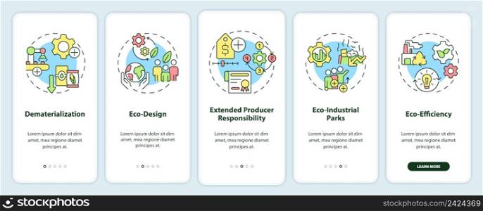Areas of industrial ecology onboarding mobile app screen. Increasing walkthrough 5 steps graphic instructions pages with linear concepts. UI, UX, GUI template. Myriad Pro-Bold, Regular fonts used. Areas of industrial ecology onboarding mobile app screen