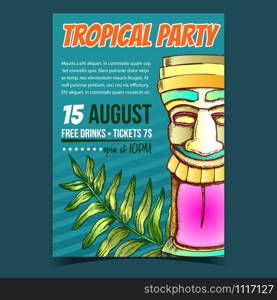 Areca Palm Leaf And Laughing Idol Banner Vector. Floral Chrysalidocarpus Lutescens Arching Frond Green Plant And Funny Idol On Invite Poster To Tropical Party. Designed In Vintage Style Illustration. Areca Palm Leaf And Laughing Idol Banner Vector