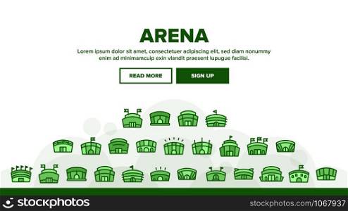 Arena Buildings Landing Web Page Header Banner Template Vector. Different Exterior Architecture Of Arena Stadium Linear Pictograms. Complex For Championship Games Illustration. Arena Buildings Landing Header Vector