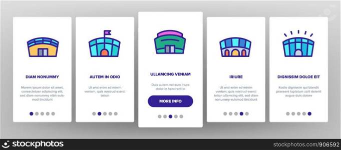 Arena Buildings Onboarding Mobile App Page Screen Vector Thin Line. Different Exterior Architecture Of Arena Stadium Linear Pictograms. Complex For Championship Games Illustrations. Arena Buildings Onboarding Vector
