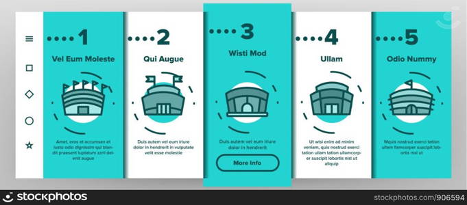 Arena Buildings Onboarding Mobile App Page Screen Vector Thin Line. Different Exterior Architecture Of Arena Stadium Linear Pictograms. Complex For Championship Games Illustrations. Arena Buildings Onboarding Vector