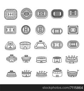 Arena stadium sport scene icons set. Outline illustration of 25 arena stadium sport scene vector icons for web. Selfie video photo people icons set, outline style