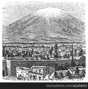 Arequipa and the Misti volcano old engraving, in 1890. Old engraved illustration of Arequipa and his volcano, Peru.