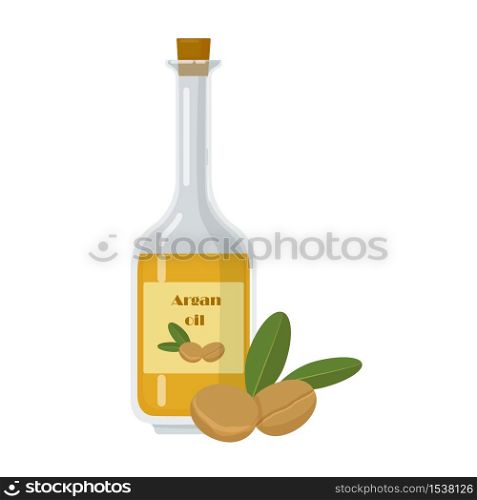 Argan oil bottle and fruit with leaf. Liquid produced from kernels used for scincare and hair. Glass container with narrow neck isolated on white vector illustration.