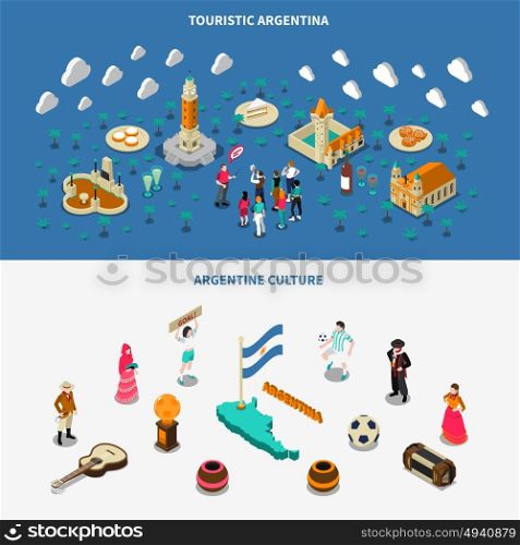 Argentina 2 Isometric Touristic Attractions Banners . Argentina culture and attractions for travelers 2 isometric banners set with historic obelisk monument isolated vector illustration