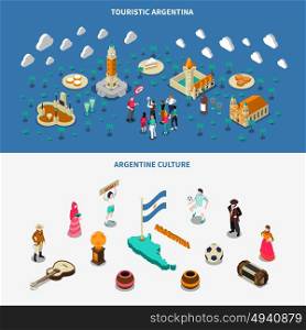 Argentina 2 Isometric Touristic Attractions Banners . Argentina culture and attractions for travelers 2 isometric banners set with historic obelisk monument isolated vector illustration