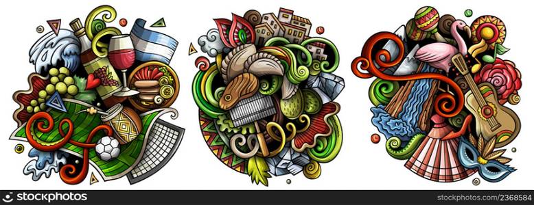 Argentina cartoon vector doodle designs set. Colorful detailed compositions with lot of traditional symbols. Isolated on white illustrations. Argentina cartoon vector doodle designs set.