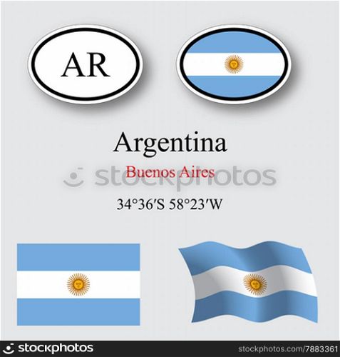 argentina flags and icons set over gray background, abstract vector art illustration, image contains transparency