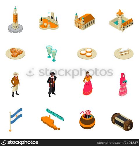 Argentina for travelers isometric symbols collection with national cuisine bitter alcohol drink and obelisk monument isolated vector illustration . Argentine Touristic Isometric Symbols Icons Collection