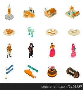 Argentina for travelers isometric symbols collection with national cuisine bitter alcohol drink and obelisk monument isolated vector illustration . Argentine Touristic Isometric Symbols Icons Collection