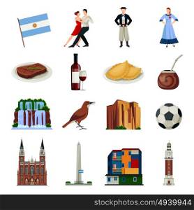 Argentina Symbols Flat Icons Collection . Argentina national landmarks attractions and food flat icons collection with clock tower and waterfalls isolated icons illustration