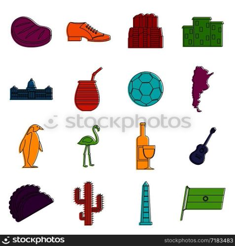Argentina travel items icons set. Doodle illustration of vector icons isolated on white background for any web design. Argentina travel items icons doodle set