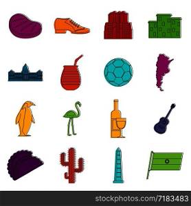 Argentina travel items icons set. Doodle illustration of vector icons isolated on white background for any web design. Argentina travel items icons doodle set