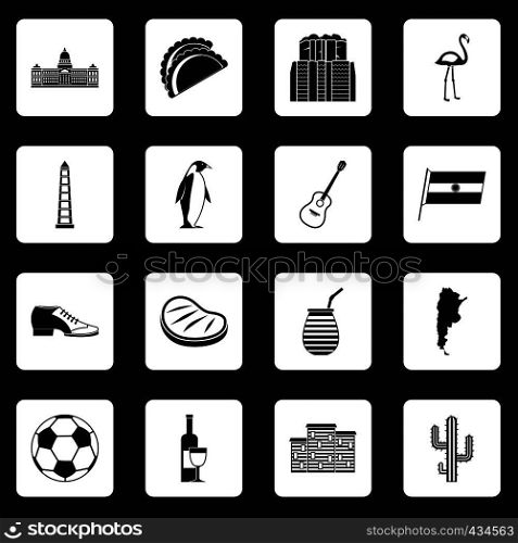 Argentina travel items icons set in white squares on black background simple style vector illustration. Argentina travel items icons set squares vector