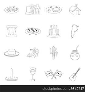 Argentina travel set icons in outline style isolated on white background. Argentina travel icon set outline