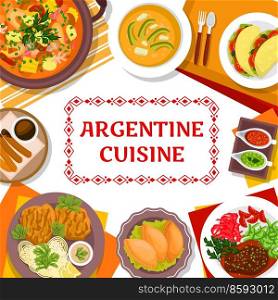 Argentine cuisine restaurant menu cover. Meat stew Guiso, meat pie Empanadas and Cookie churros, Chorizo sandwich Choripan and pork chop Milanese, veal shank Osso Buco, soup Locro,. Argentine cuisine restaurant menu vector cover