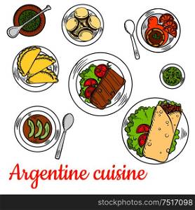 Argentine fast food steak wraps, served with dishes of national cuisine such as asado short ribs, empanadas, chimichurri sauce, vegetarian cream soup with avocado, alfajor cookies and dulce de leche dessert with fresh oranges and mate tea. Colorful sketch symbol. Bright national dishes of argentine cuisine sketch