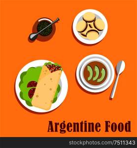 Argentine lunch and dessert food flat icons with empanada, stuffed with beef, tomatoes, beans and onion, served on lettuce, vegetable stew with avocado, alfajor cookies with milk caramel and mate . Argentine lunch and dessert food