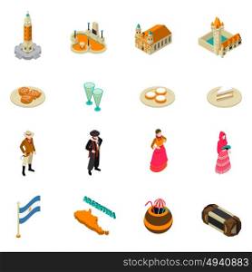 Argentine Touristic Isometric Symbols Icons Collection . Argentina for travelers isometric symbols collection with national cuisine bitter alcohol drink and obelisk monument isolated vector illustration