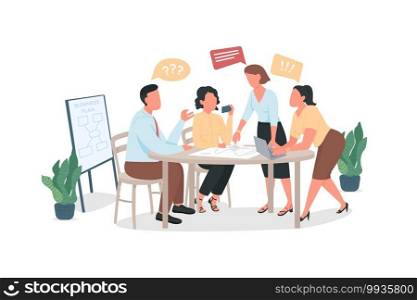 Arguing coworkers flat color vector faceless characters. Office meeting with bad communication. Conflict at workplace. Brainstorming isolated cartoon illustration for web graphic design and animation. Arguing coworkers flat color vector faceless characters