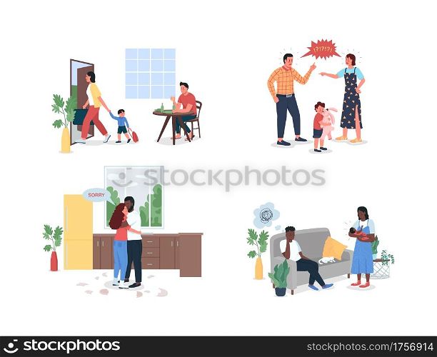 Arguing family flat color vector detailed character set. Parents breakup. Postnatal depression. Conflict isolated cartoon illustration for web graphic design and animation collection. Arguing family flat color vector detailed character set