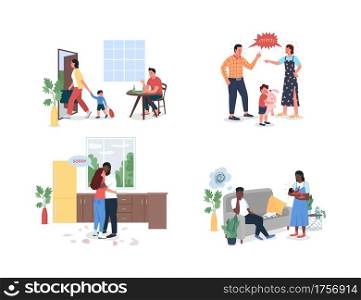 Arguing family flat color vector detailed character set. Parents breakup. Postnatal depression. Conflict isolated cartoon illustration for web graphic design and animation collection. Arguing family flat color vector detailed character set