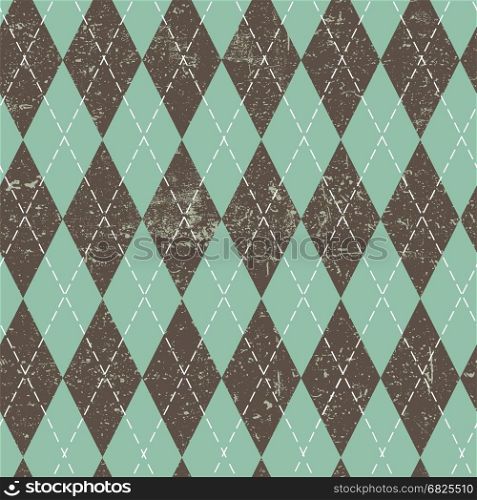 Argyle seamless aged pattern. Blue and brown rhombus, grungy texture. Grunge vintage seamless background.