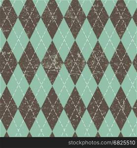 Argyle seamless aged pattern. Blue and brown rhombus, grungy texture. Grunge vintage seamless background.