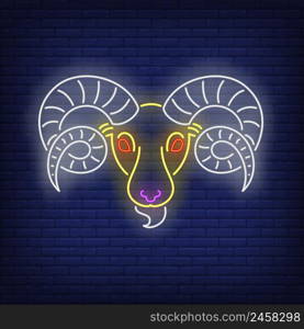 Aries neon sign. Ram, sheep, head. Astrological sign concept. Vector illustration in neon style, glowing element for topics like zodiac, horoscope, astrology