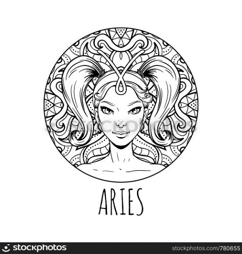 Aries zodiac sign artwork, adult coloring book page, beautiful horoscope symbol girl, vector illustration