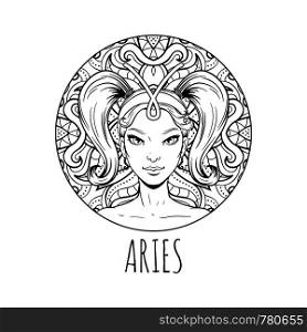 Aries zodiac sign artwork, adult coloring book page, beautiful horoscope symbol girl, vector illustration