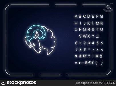 Aries zodiac sign neon light icon. Outer glowing effect. Horoscope ram sign with alphabet, numbers and symbols. Astrological birth sign. Horned farm animal. Vector isolated RGB color illustration. Aries zodiac sign neon light icon