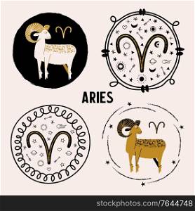 Aries zodiac sign. Set of round emblems with Aries. Vector illustration in a flat style.. Aries zodiac sign. Horoscope and astrology. Vector illustration in a flat style.