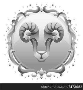 Aries zodiac sign with silver frame. Horoscope symbol. Stylized astrological illustration.. Aries zodiac sign with silver frame. Horoscope symbol.