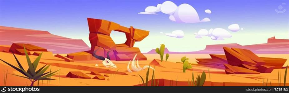 Arizona desert landscape, wild west background with golden sand dunes and stones under blue sky. Dry deserted nature with animal skeleton on yellow sandy surface and cacti, Cartoon vector illustration. Arizona desert landscape, wild west background