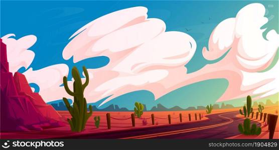 Arizona desert landscape with asphalt road, rocks and cacti. Wild west highway in American canyon, hot sand deserted land with orange mountains. Summer western background Vector cartoon illustration. Arizona desert landscape asphalt road and cacti