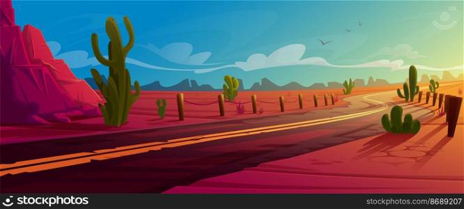Arizona desert landscape with asphalt road, rocks and cacti. Wild west highway in American canyon, hot sand deserted land with orange mountains. Summer western background, Cartoon vector illustration. Arizona desert landscape asphalt road and cacti