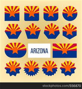 Arizona Flag Collection Figure Icons Set Vector. Symbol Of State In Southwestern Region Of Usa Arizona Consists Of Rays Of Red And Weld-yellow On Top Half. Flat Cartoon Illustration. Arizona Flag Collection Figure Icons Set Vector