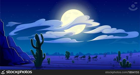 Arizona night desert landscape, natural wild west background with coyote pack silhouettes run on through cacti and rocks under cloudy sky with full moon shining, game scene Cartoon vector illustration. Arizona night desert landscape, natural background