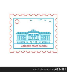 ARIZONA STATE CAPITOL postage stamp Blue and red Line Style, vector illustration