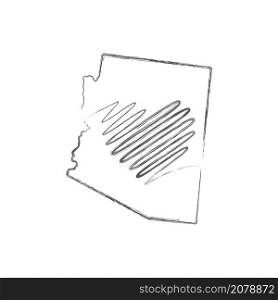 Arizona US state hand drawn pencil sketch outline map with heart shape. Continuous line drawing of patriotic home sign. A love for a small homeland. T-shirt print idea. Vector illustration.. Arizona US state hand drawn pencil sketch outline map with the handwritten heart shape. Vector illustration
