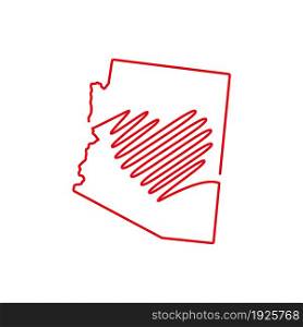 Arizona US state red outline map with the handwritten heart shape. Continuous line drawing of patriotic home sign. A love for a small homeland. T-shirt print idea. Vector illustration.. Arizona US state red outline map with the handwritten heart shape. Vector illustration