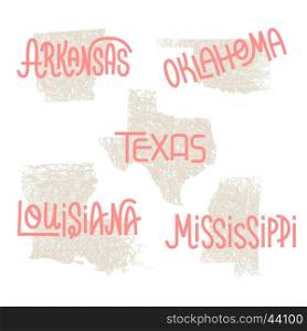 Arkansas, Oklahoma, Texas, Louisiana, Mississippi USA state outline art with custom lettering for prints and crafts. United states of America wall art of individual states
