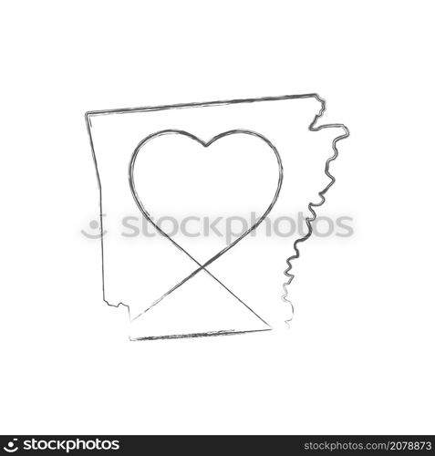 Arkansas US state hand drawn pencil sketch outline map with heart shape. Continuous line drawing of patriotic home sign. A love for a small homeland. T-shirt print idea. Vector illustration.. Arkansas US state hand drawn pencil sketch outline map with the handwritten heart shape. Vector illustration
