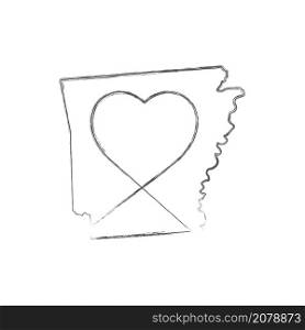 Arkansas US state hand drawn pencil sketch outline map with heart shape. Continuous line drawing of patriotic home sign. A love for a small homeland. T-shirt print idea. Vector illustration.. Arkansas US state hand drawn pencil sketch outline map with the handwritten heart shape. Vector illustration