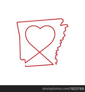 Arkansas US state red outline map with the handwritten heart shape. Continuous line drawing of patriotic home sign. A love for a small homeland. T-shirt print idea. Vector illustration.. Arkansas US state red outline map with the handwritten heart shape. Vector illustration