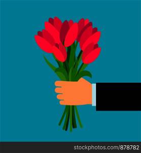 Arm holding vector colorful bouquet for woman. Pink tulip flowers present or surprise in man hand vector illustration. Hand holding pink tulip flowers bouquet