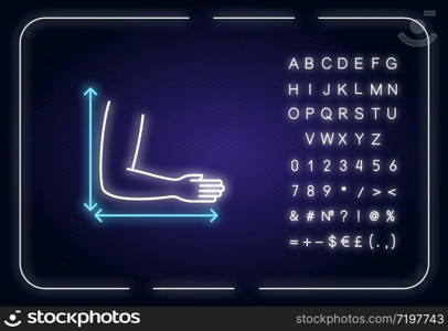 Arm length neon light icon. Outer glowing effect. Bespoke clothing making, tailoring sign with alphabet, numbers and symbols. Measuring length from shoulder. Vector isolated RGB color illustration