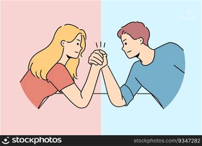 Arm wrestling between couple of man and woman for concept of fighting for leadership in family. Guy with girl compete who is stronger competing for position in company or leadership in team. Arm wrestling between couple of man and woman for concept of fighting for leadership in family