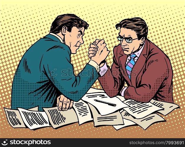Arm wrestling business competition pop art retro style. Two businessman are fighting each other. Men force battle. Arm wrestling business competition